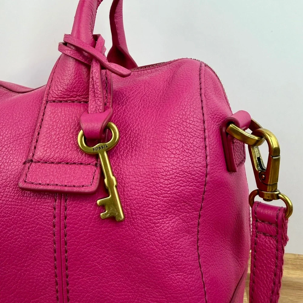 Fossil Jori Satchel Pink Berry Pebbled Leather Crossbody Shoulder Bag
